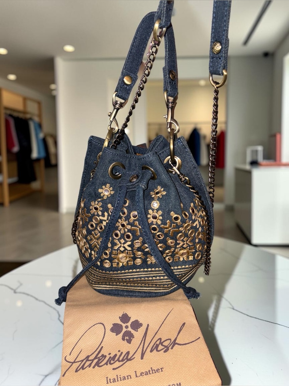 Patricia Nash Navy Drawstring Bucket Bag with Gold Embroidery